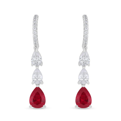 Sterling Silver 925 Earring Rhodium Plated Embedded With Ruby Corundum And White Zircon