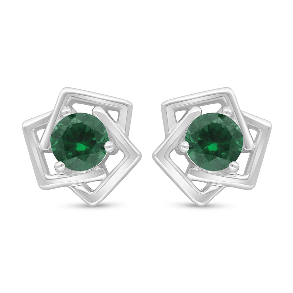 Sterling Silver 925 Earring Rhodium Plated Embedded With Emerald Zircon
