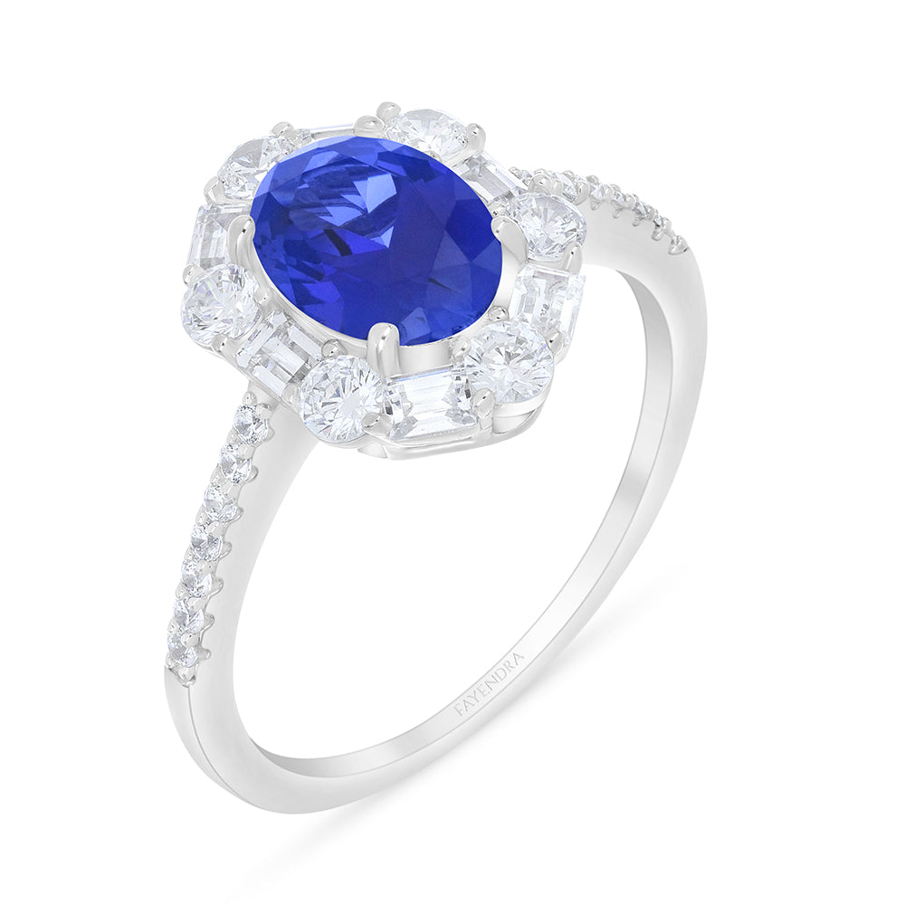 Sterling Silver 925 Ring Rhodium Plated Embedded With Sapphire Corundum And White Zircon