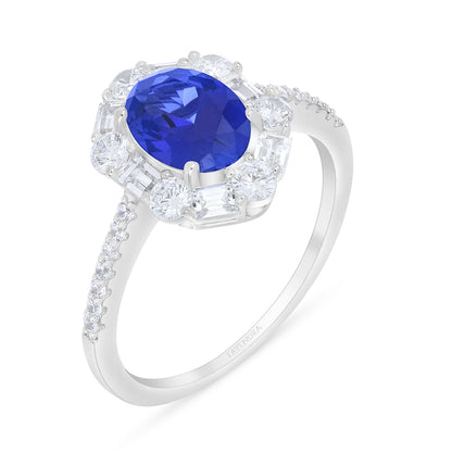 Sterling Silver 925 Ring Rhodium Plated Embedded With Sapphire Corundum And White Zircon