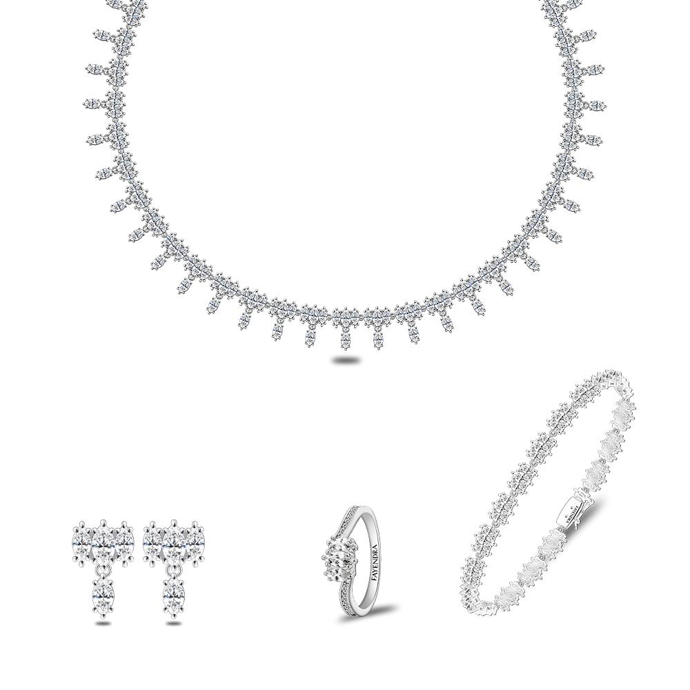 طقم من الفضة الخالصة عيار 925 مطلي روديوم مرصع فص ابيض