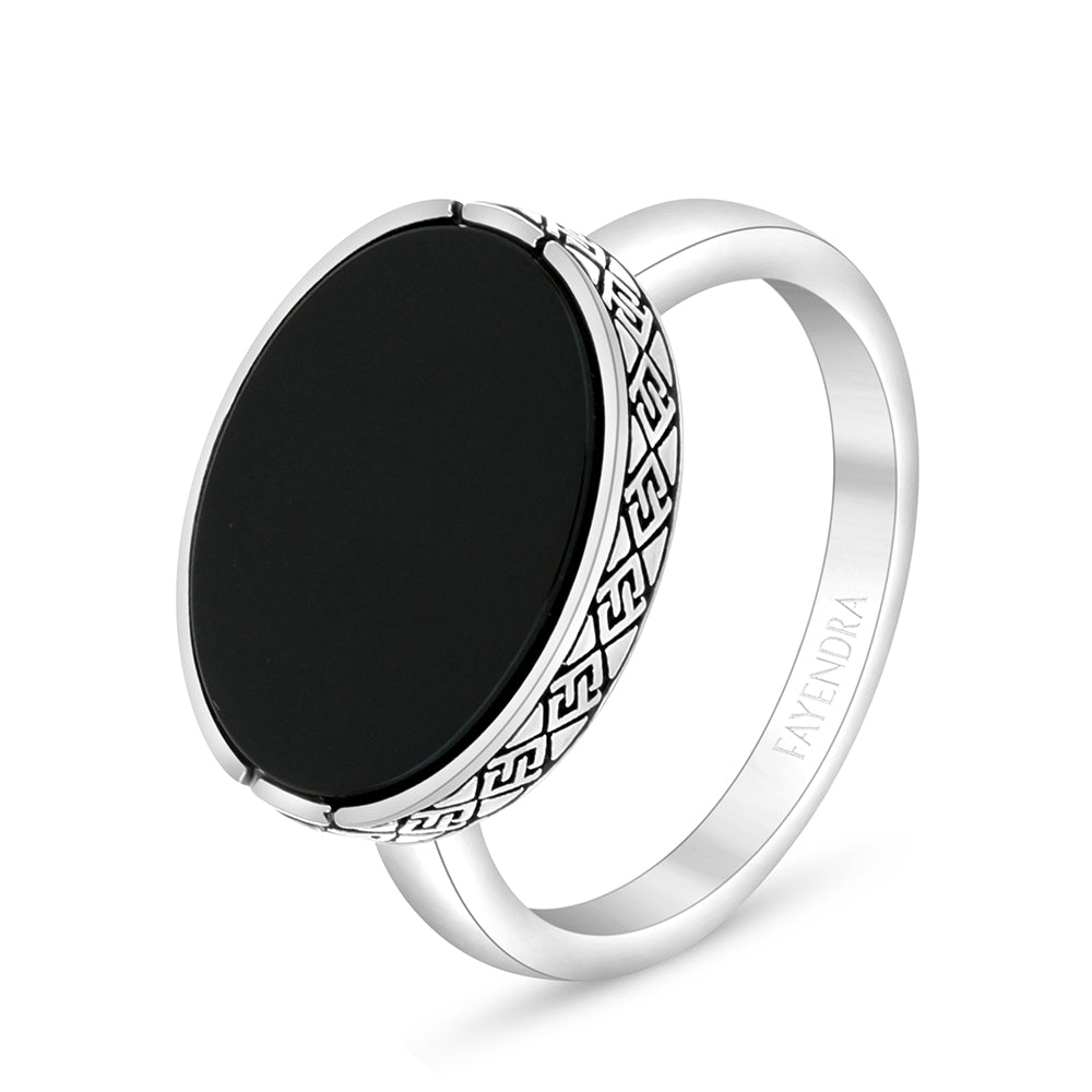 Sterling Silver 925 Ring Rhodium And Black Plated Embedded With Black Agate For Men