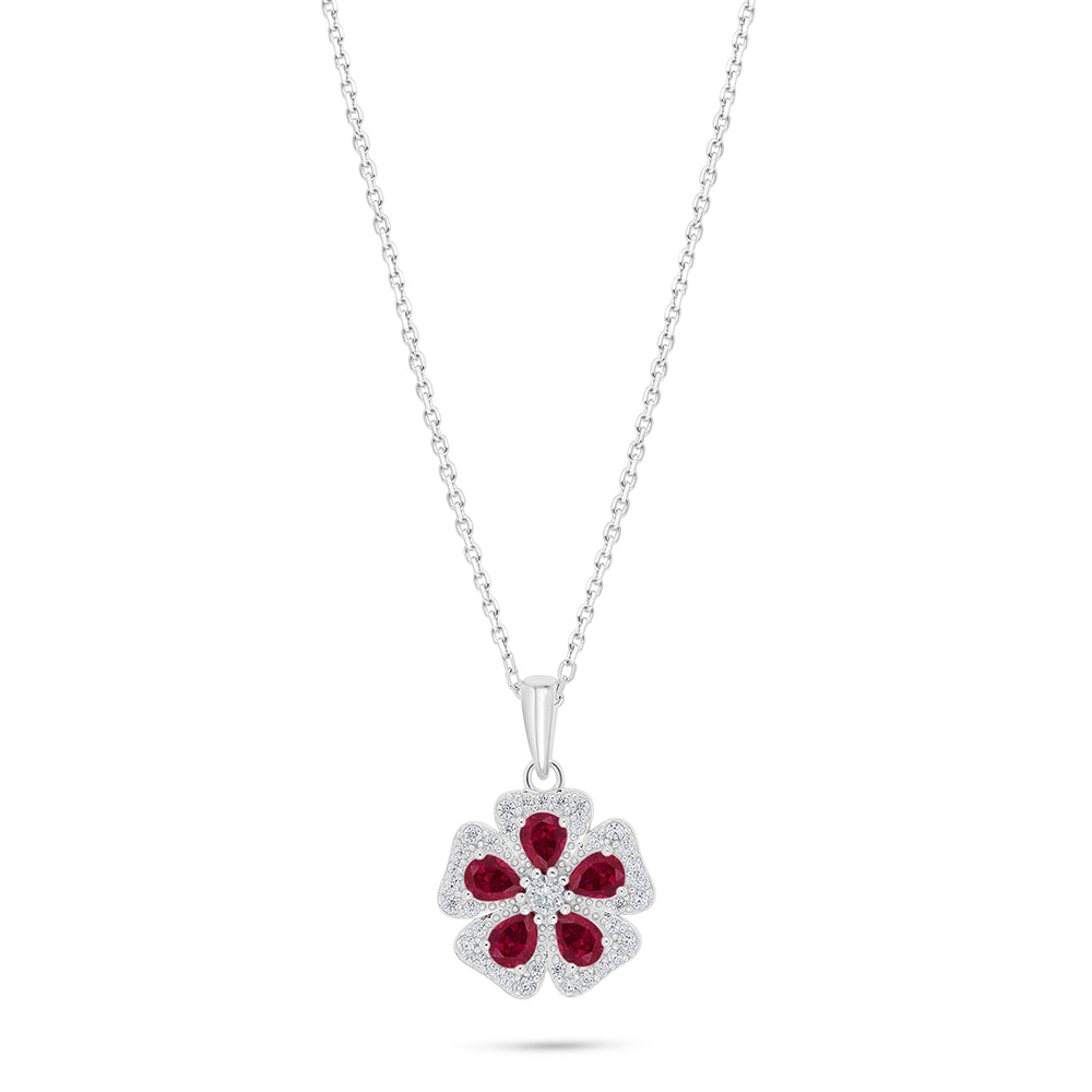 Sterling Silver 925 Necklace Rhodium Plated Embedded With Ruby Corundum And White Zircon