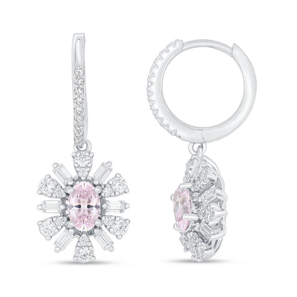Sterling Silver 925 Earring Rhodium Plated Embedded With Pink Zircon And White Zircon