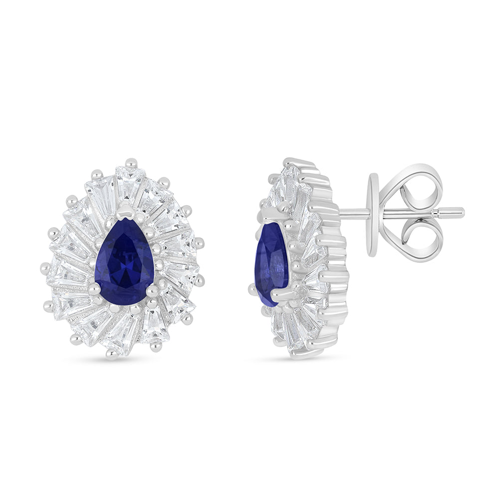 Sterling Silver 925 Earring Rhodium Plated Embedded With Sapphire Corundum And White Zircon