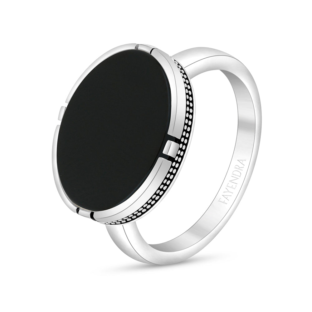 Sterling Silver 925 Ring Rhodium And Black Plated Embedded With Black Agate For Men