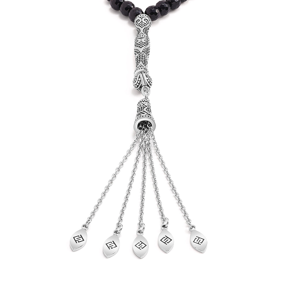 Rosary 100 Black Agete Beads 6 mm Faceted With Stainless Steel 316L Set Silver And Black Plated
