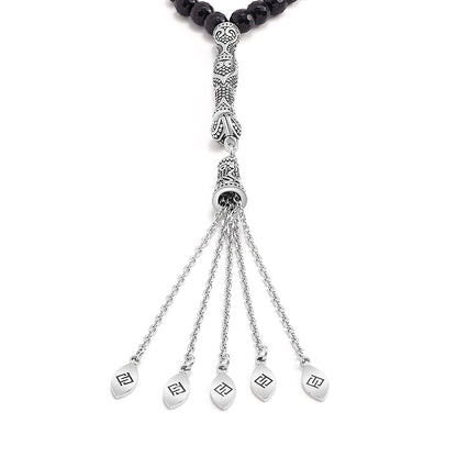 Rosary 100 Black Agete Beads 6 mm Faceted With Stainless Steel 316L Set Silver And Black Plated