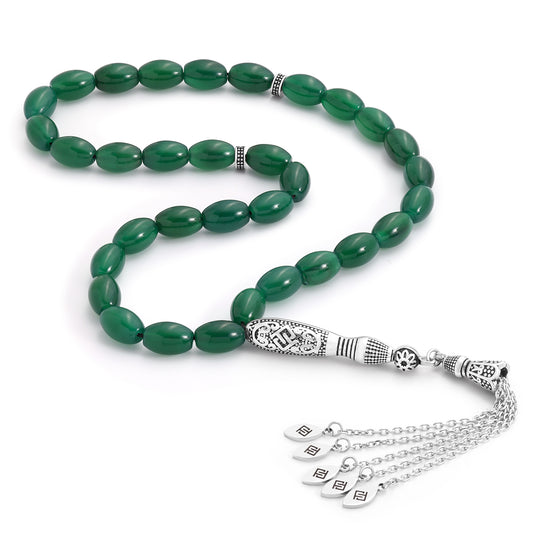 Rosary 33 Green Agate Olive Cabochon Beads 12*8 mm With Stainless Steel 316L Set Silver And Black Plated