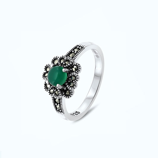 Sterling Silver 925 Ring Embedded With Natural Green Agate And Marcasite Stones