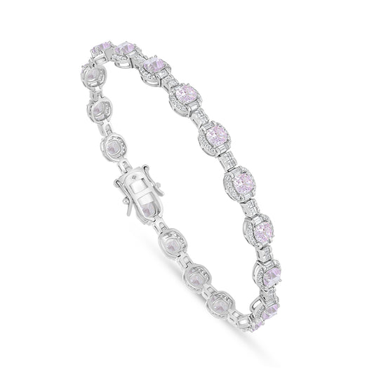 Sterling Silver 925 Bracelet Rhodium Plated Embedded With Pink Zircon And White Zircon