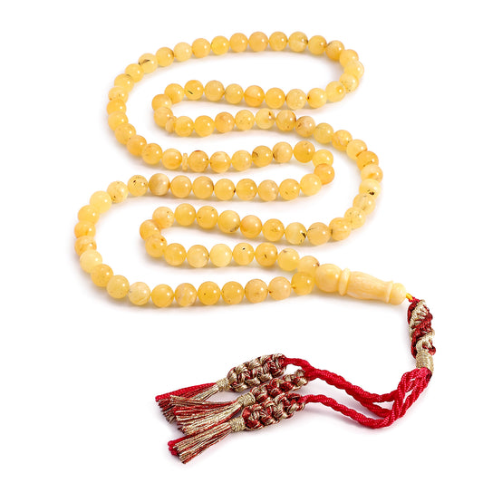 Rosary 100 Embedded With Natural Yellow Amber Round Beads 8 mm And Fabric Tassel