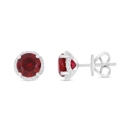 Sterling Silver 925 Earring Rhodium Plated Embedded With Ruby Corundum And White Zircon