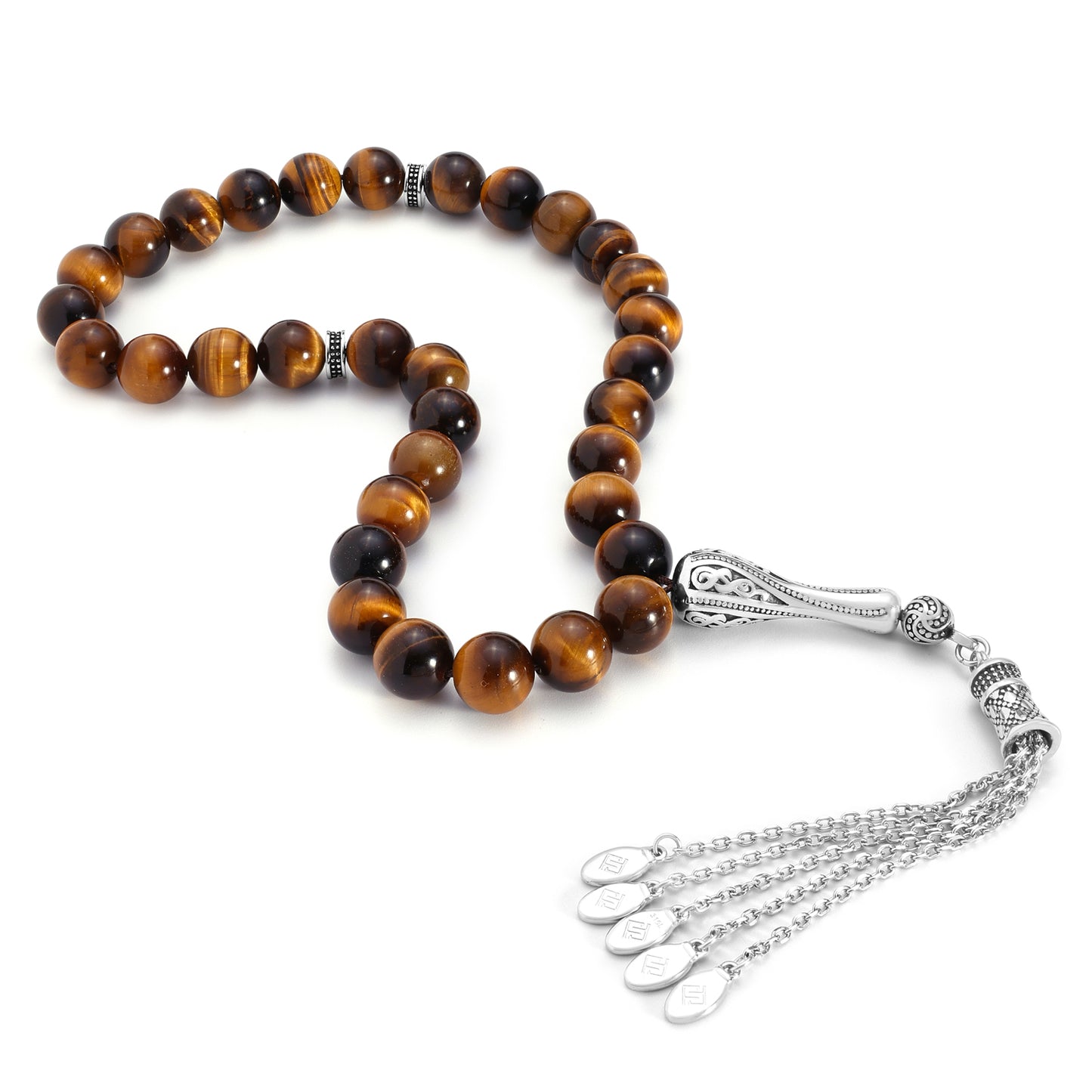 Yellow Tiger Eye Rosary 33 Round Bead 10 MM Whit Stainless Steel 316L Set (Silver & Black Plated)