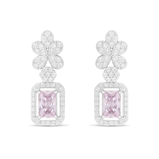 Sterling Silver 925 Earring Rhodium Plated Embedded With Pink Zircon And White Zircon