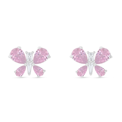 Sterling Silver 925 Earring Rhodium Plated Embedded With pink Zircon And White Zircon