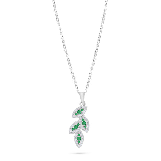 Sterling Silver 925 Necklace Rhodium Plated Embedded With Emerald Zircon And White Zircon