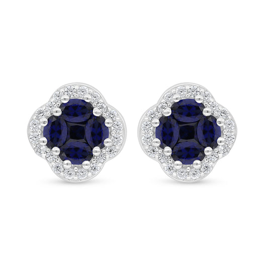 Sterling Silver 925 Earring Rhodium Plated Embedded With Sapphire Corundum And White Zircon