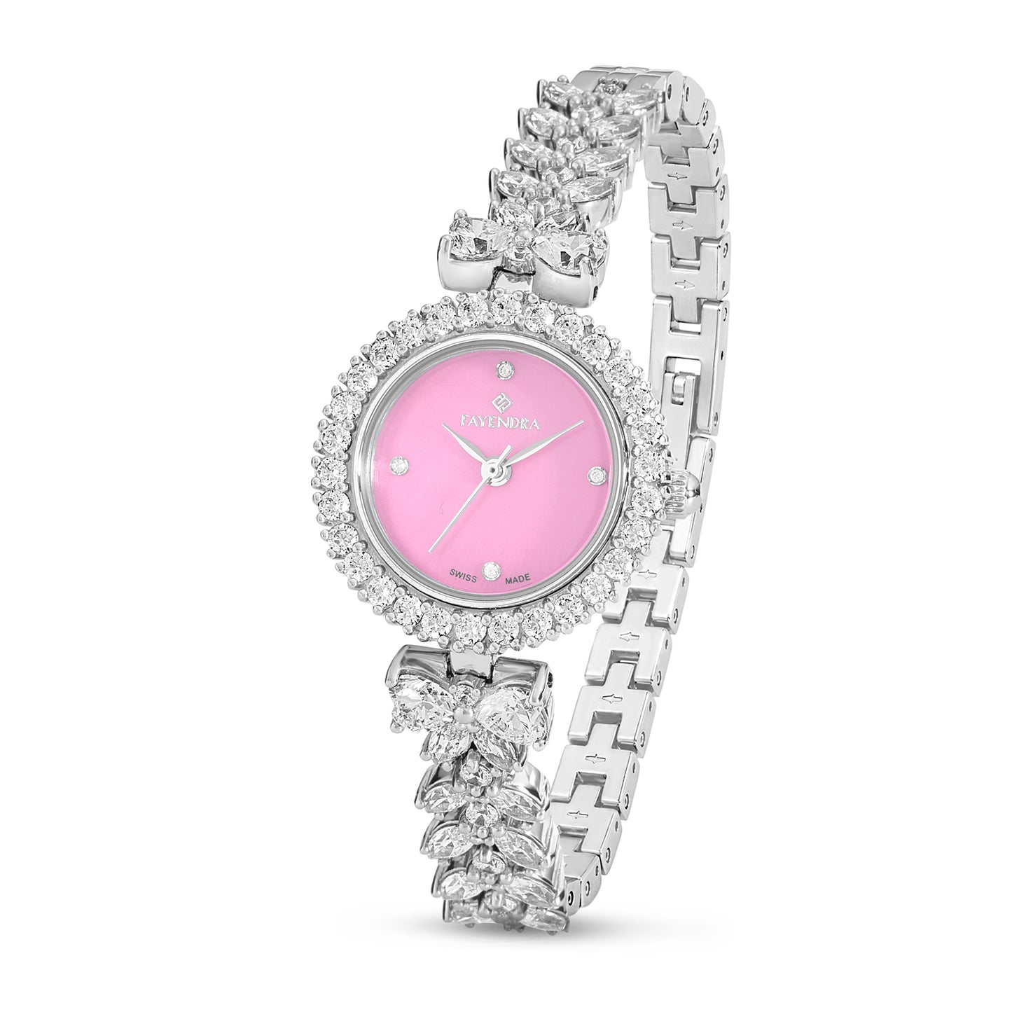 Stainless Steel 316L Watch Silver Color Embedded With White Zircon - PINK MOP DIAL