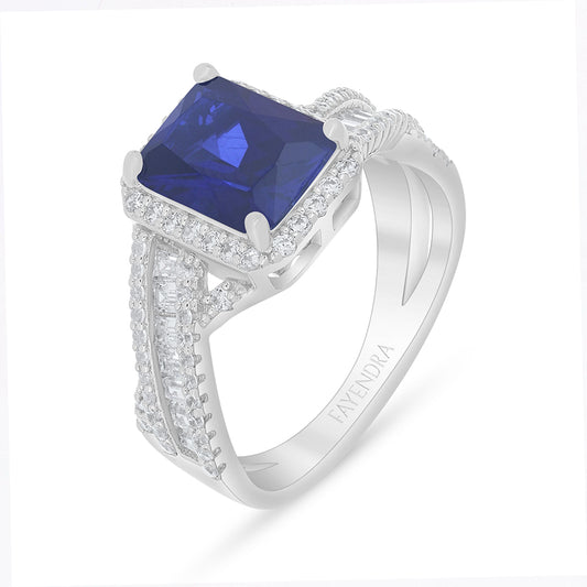 Sterling Silver 925 Ring Rhodium Plated Embedded With Sapphire Corundum And White Zircon