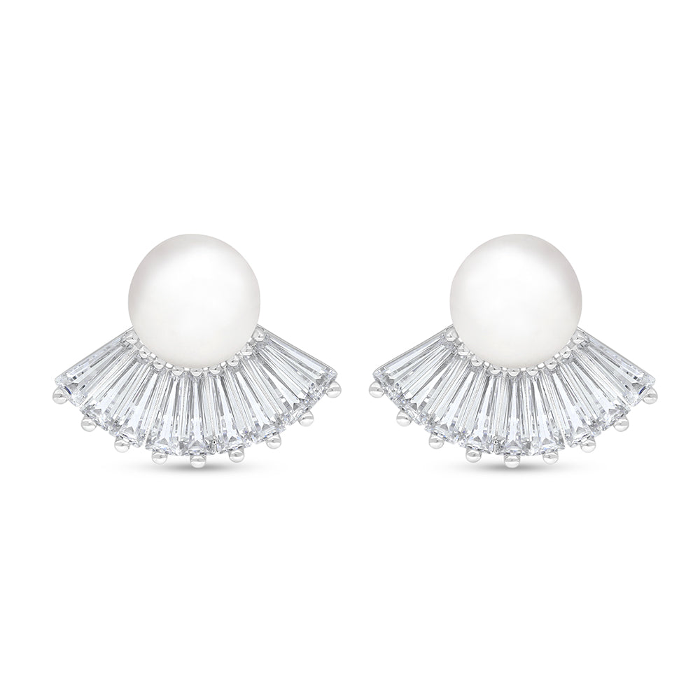 Sterling Silver 925 Earring Rhodium Plated Embedded With Natural White Pearl And White Zircon