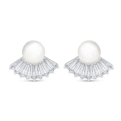 Sterling Silver 925 Earring Rhodium Plated Embedded With Natural White Pearl And White Zircon