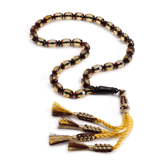 Rosary 33 Embedded With Natural Green Amber Olive Faceted Beads 9*13 mm And Fabric Tassel