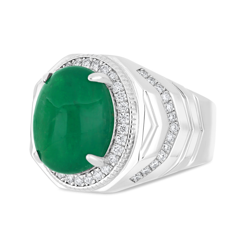 Sterling Silver 925 Men Ring Rhodium Plated Embedded With Natural Emerald And Natural Diamond (CVD)