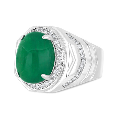 Sterling Silver 925 Men Ring Rhodium Plated Embedded With Natural Emerald And Natural Diamond (CVD)