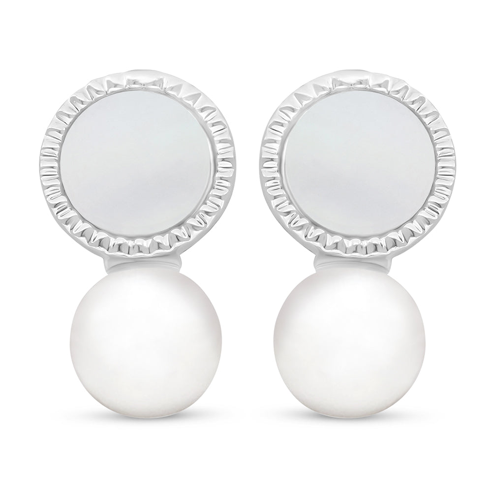 Sterling Silver 925 Earring Rhodium Plated Embedded With Natural White Pearl And White Shell