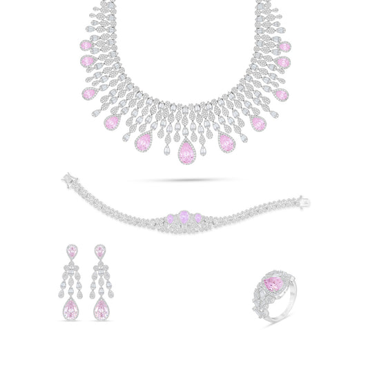 Sterling Silver 925 Set Rhodium Plated Embedded With Pink Zircon And White Zircon
