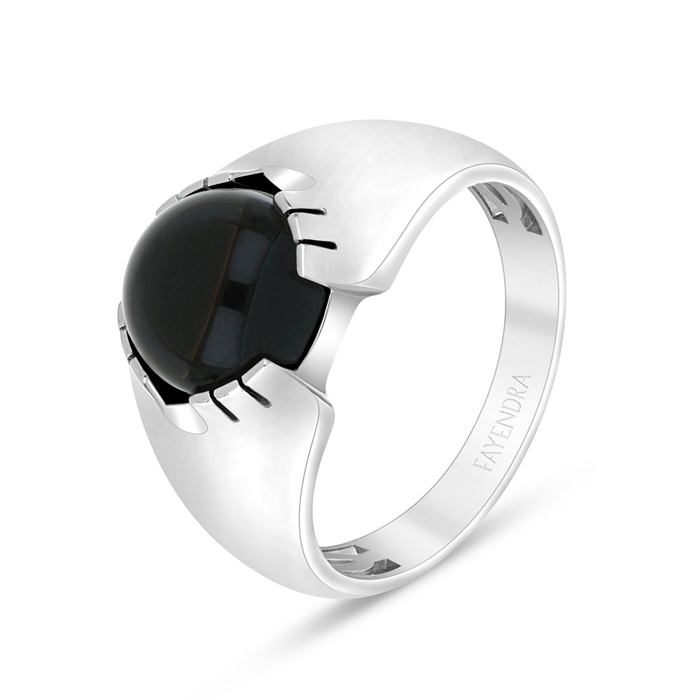 Sterling Silver 925 Ring Rhodium Plated Embedded With Cabochon Black Agate For Men