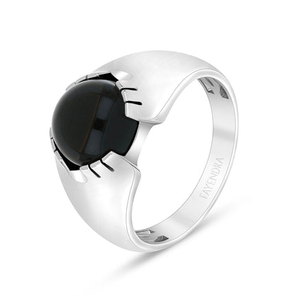 Sterling Silver 925 Ring Rhodium Plated Embedded With Cabochon Black Agate For Men