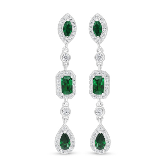 Sterling Silver 925 Earring Rhodium Plated Embedded With Emerald Zircon And White Zircon