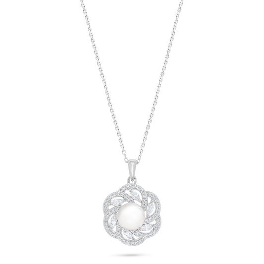 Sterling Silver 925 Necklace Rhodium Plated Embedded With Natural White Pearl And White Zircon