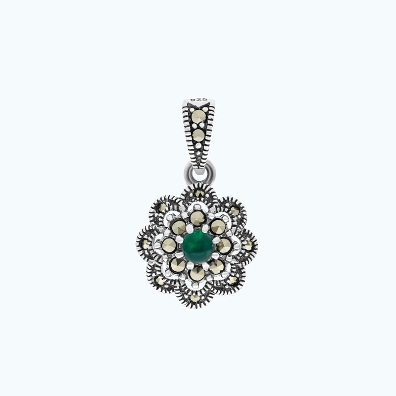 Sterling Silver 925 Pendant Embedded With Natural Green Agate And Marcasite Stones