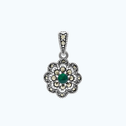 Sterling Silver 925 Pendant Embedded With Natural Green Agate And Marcasite Stones