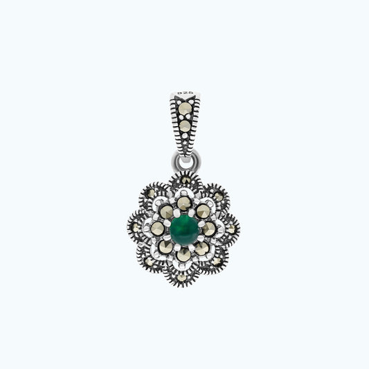 Sterling Silver 925 Pendant Embedded With Natural Green Agate And Marcasite Stones