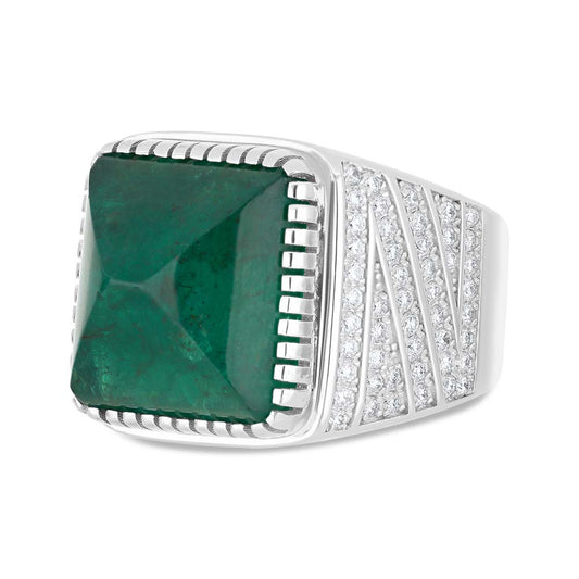 خاتم رجالي عيار 925 مطلي روديوم مرصع بحجر الزمرد الطبيعي و الالماس الطبيعي