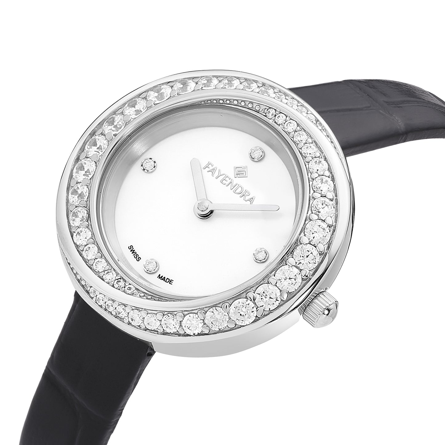 Stainless Steel 316 Watch Silver Color Black Leather Embedded With White Zircon - White MOP DIAL