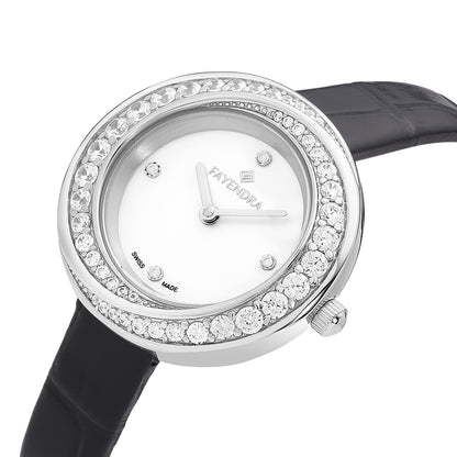 Stainless Steel 316 Watch Silver Color Black Leather Embedded With White Zircon - White MOP DIAL
