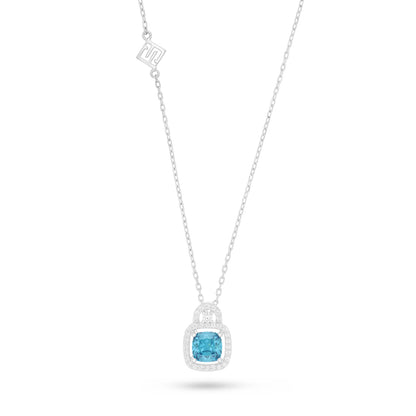 Sterling Silver 925 Necklace Rhodium Plated Embedded With Aqua Zircon Color And White Zircon