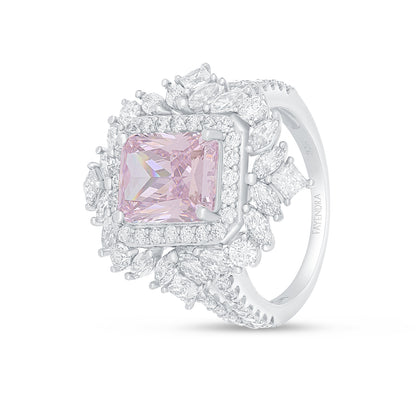 Sterling Silver 925 Ring Rhodium Plated Embedded With Pink Zircon And White Zircon