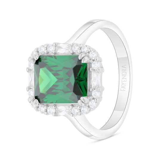 Sterling Silver 925 Ring Rhodium Plated Embedded With Emerald Zircon And White Zircon
