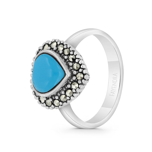 Sterling Silver 925 Ring Embedded With Natural Processed Turquoise And Marcasite Stones