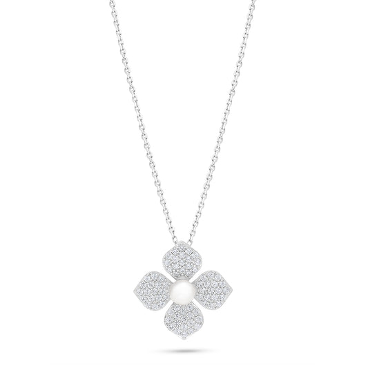 Sterling Silver 925 Necklace Rhodium Plated Embedded With Natural White Pearl And White Zircon