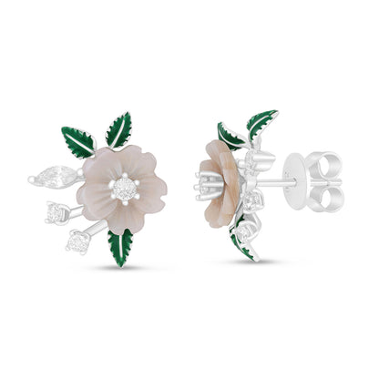 Sterling Silver 925 Earring Rhodium Plated Embedded With Pink Shell And White Zircon