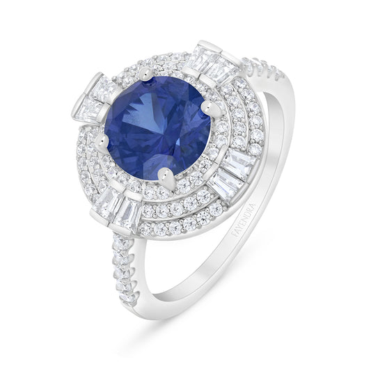 Sterling Silver 925 Ring Rhodium Plated Embedded With Sapphire Corundum And White Zircon