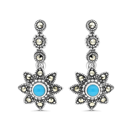 Sterling Silver 925 Earring Embedded With Natural Processed Turquoise And Marcasite Stones