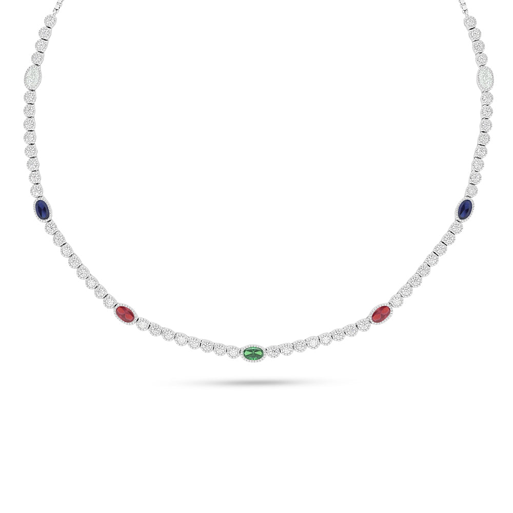 Sterling Silver 925 Necklace Rhodium Plated Embedded With Sapphire Corundum , Ruby Corundum , Emerald Zircon And White Zircon